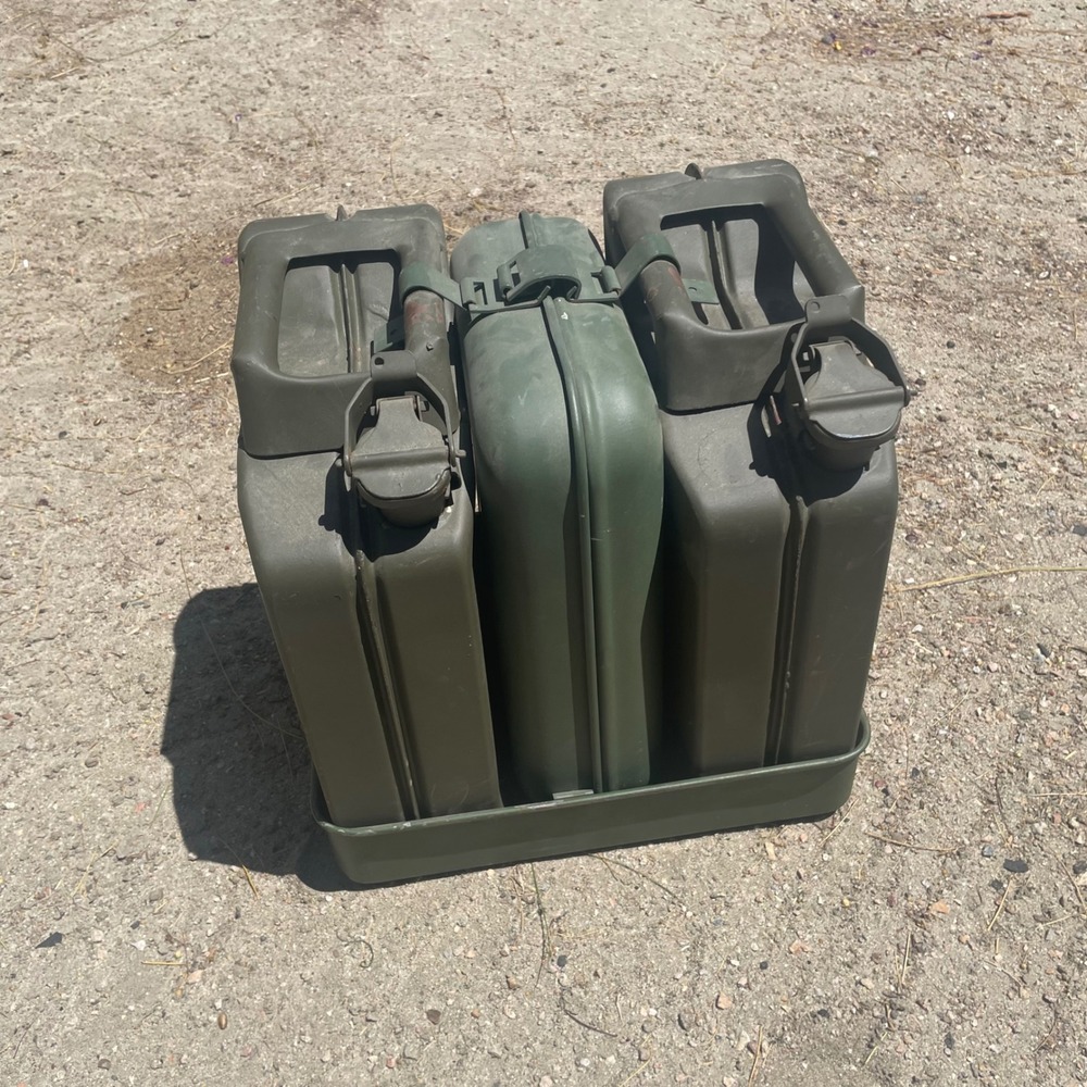 Vintage German Military 5L Jerry Can Set of 3 with Metal Tray Olive Drab Green